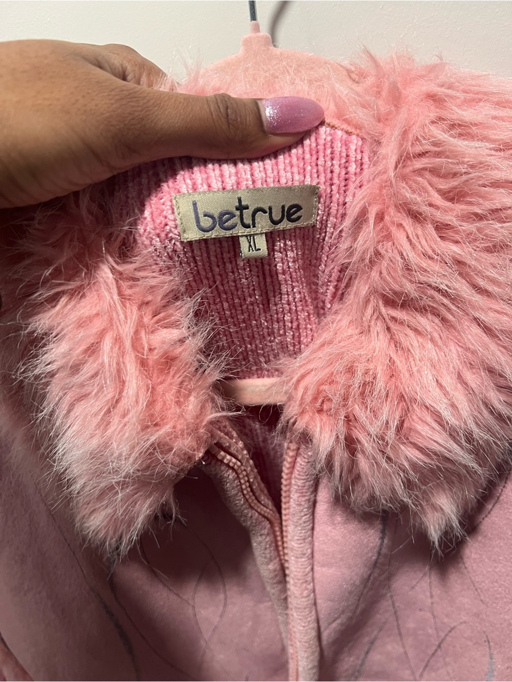 Women's Pink Teddy Jacket with Faux Fur Collar - Picture 5 of 6